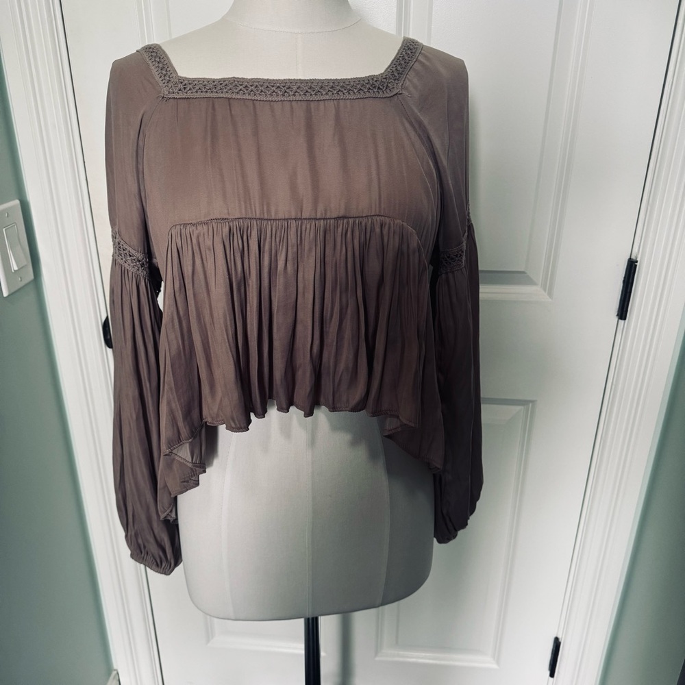 Anthropologie mustard seed babydoll Poet blouse in taupe